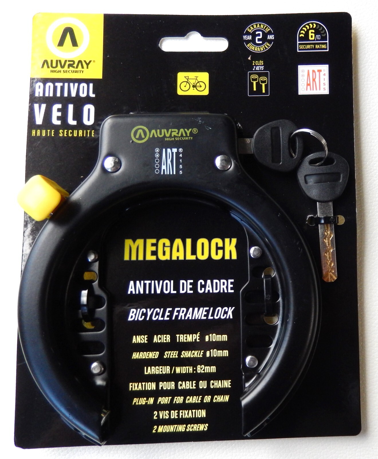Lucchetto Bicicletta AUVRAY Per Telaio Megalock Alta Sicurezza + 2 Chiavi Nuovo