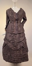VICTORIAN 1870  S  SILK BUSTLE DRESS W RICH RUFFLED FULL VOLUME SKIRT