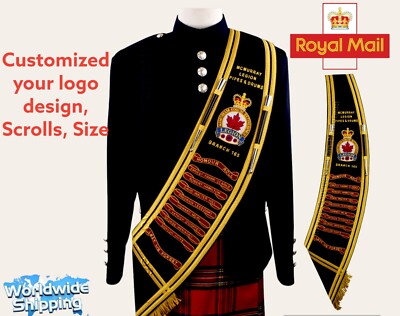 Baldric Schärpe für Trommel & Pfeife Major Blazer Schärpe Sonderanfertigung handbestickt.