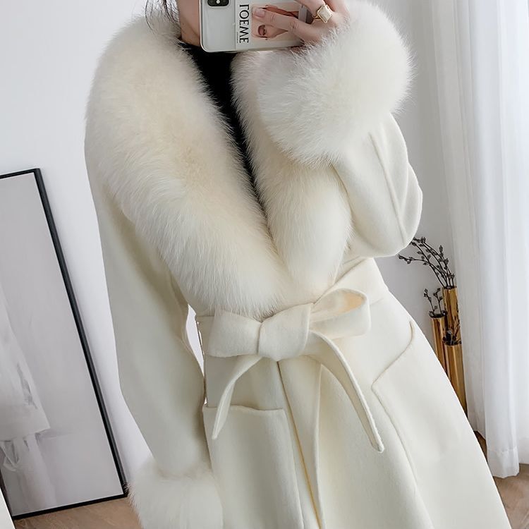 Womens Real Fox Fur Collar Cashmere Long Trench Coat Double Sided Wool Overcoats
