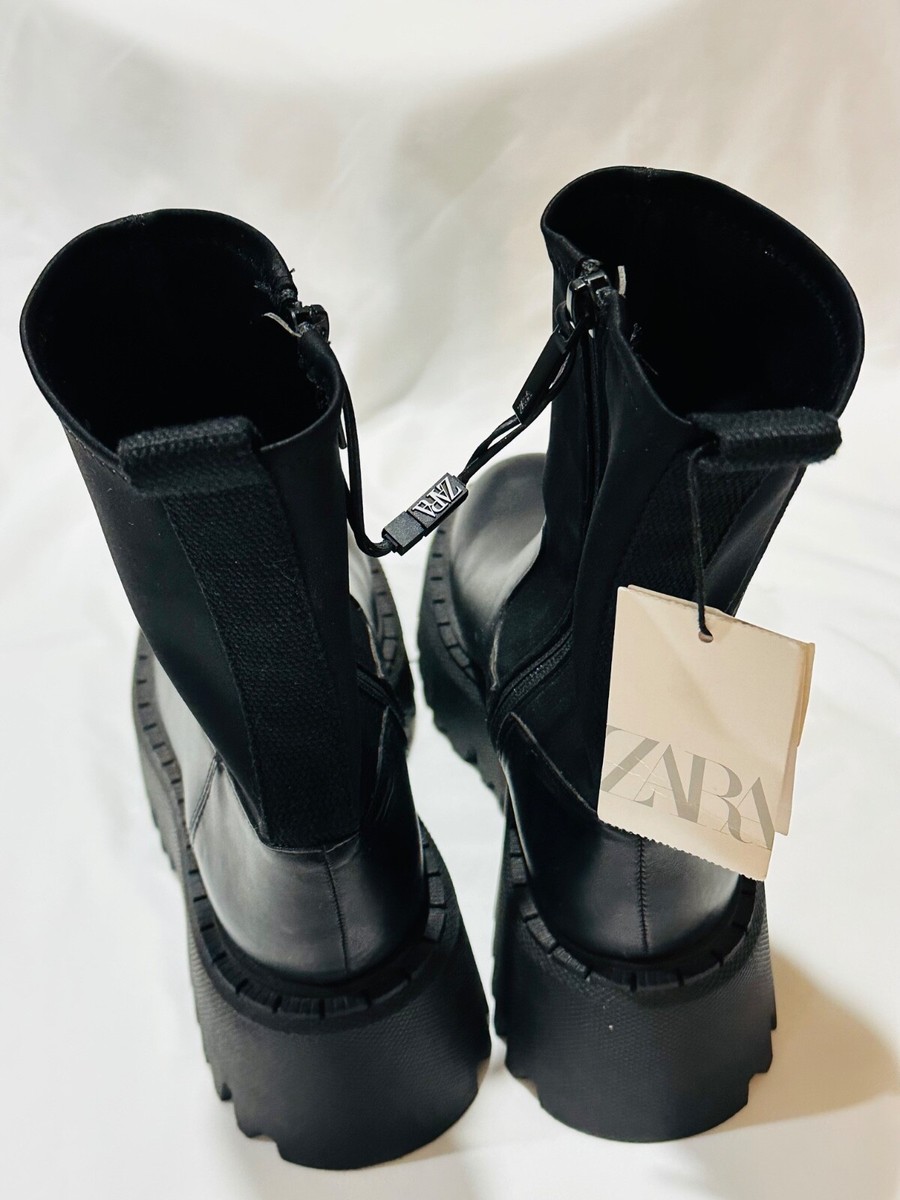 Zara Platform Boots Women's Size 37 Black Sock Side Zip