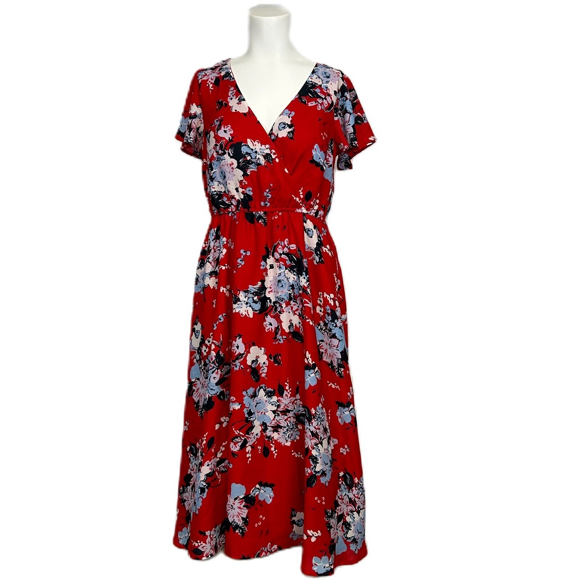 red floral flutter sleeve midi dress Red Floral Flutter Sleeve Midi Dress by Max Studio