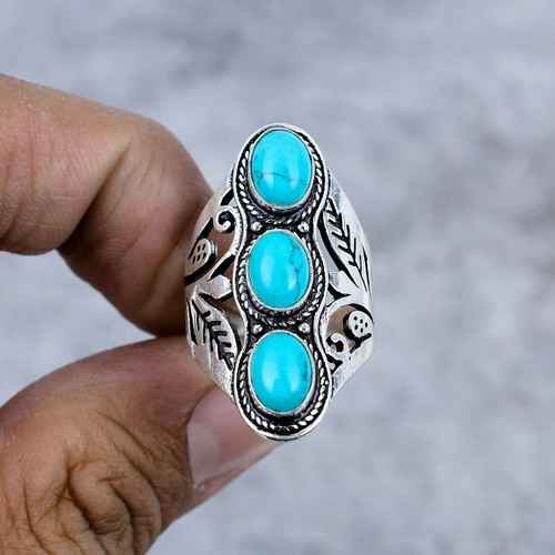 Blue Turquoise Gemstone 925 Sterling Silver Jewelry Ring Gift For Her All Size - Picture 2 of 4