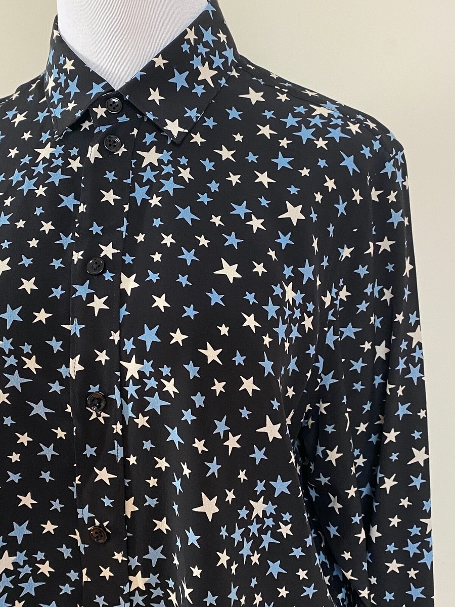 Saint Laurent YSL Black Blue Star Print Silk Button Down Top