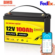 Bluetooth 12V 100Ah LiFePO4 Lithium Battery Deep Cycle 1280Wh for Solar Off-grid