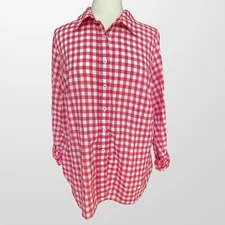 Talbots Plus Size X Top Shirt Pink Gingham Long Sleeve Floral Cuff Lightweight