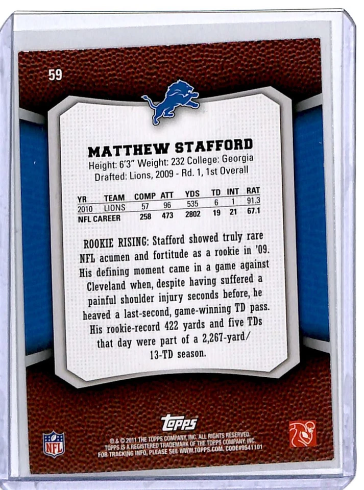 2011 Topps Rising Rookies Matthew Stafford Detroit Lions #59 - Image 2 of 2