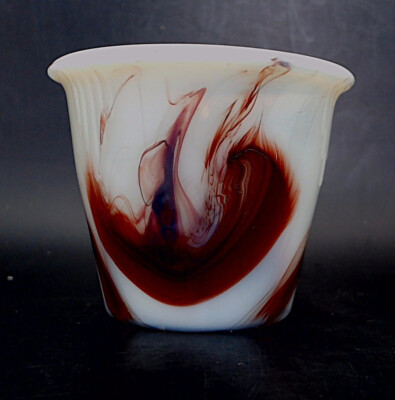 Akro Agate Glass Oxblood and White Slag Glass 2'' Tall 5 Dart Pot