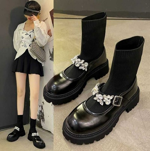 Mary Jane Jk Socks Boots Thick-soled Women's Boots Knitted Short Boots |  eBay