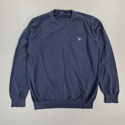 Gant Mens Jumper Navy Blue Large Crew Neck Cotton Knit Pullover