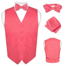 Men's Dress VEST Bow Tie CORAL PINK PAISLEY Design Suit Tuxedo BowTie Hanky Set