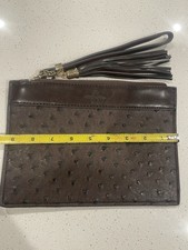 Bosom Buddy Bags Brown Leather Clutch Wristlet Bag Gold Accents Tassel Ostrich