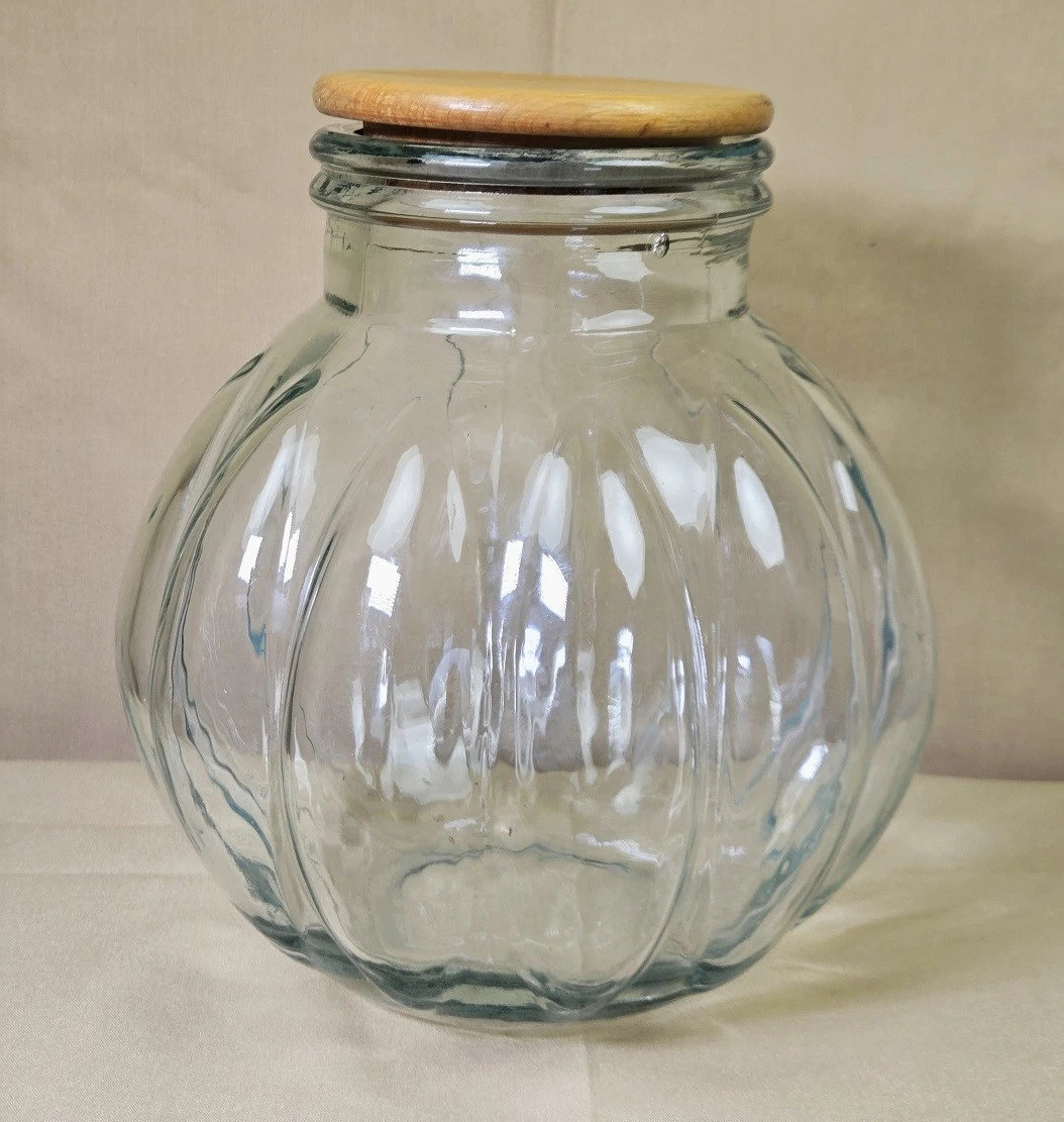 Vintage Pumpkin shape Pier 1 Glass apothecary storage Jar & lid 11" H x 10W