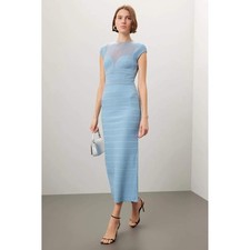 Herve Leger Paris Blue Metallic Bandage Maxi Dress Mesh Yoke M