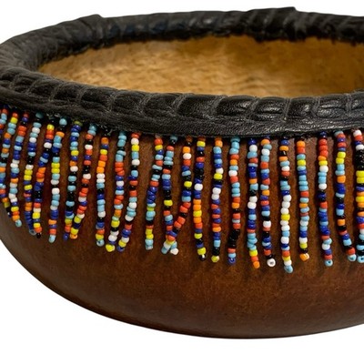 Macadamia Nut Bowl Turned Wood Vessel Seed Bead Leather Trim Artist Signed