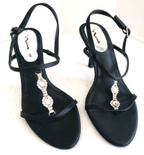 Nina Black Satin Rhinestone Strappy Heels Ankle Strap for Evening Wear Size 8
