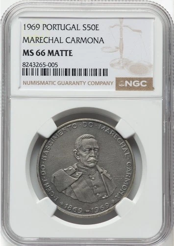 1969 Portugal Silver Marechal Carmona 50 Escudos NGC MS-66 MATTE