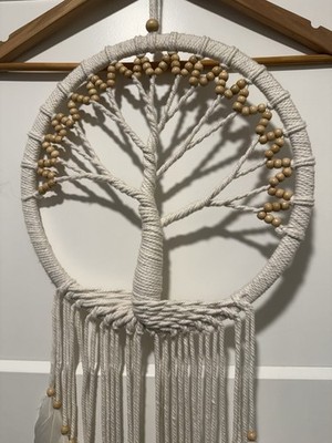 Handmade White Tree of Life Macrame Wall Hanging with Feathers & Wooden Beads