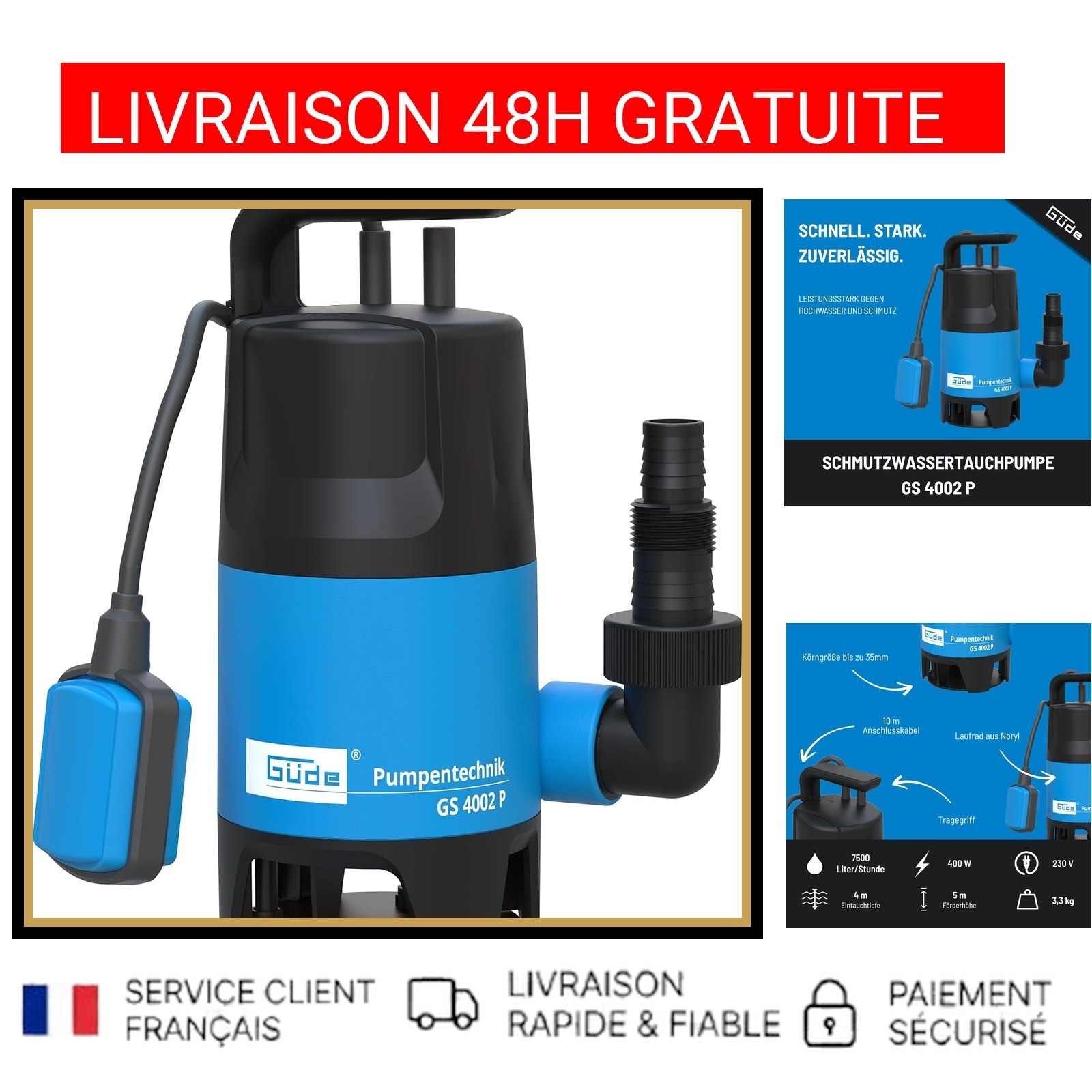 Pompe de drainage Güde GS4002P 400W avec flotteur automatique et débit 7500l/h