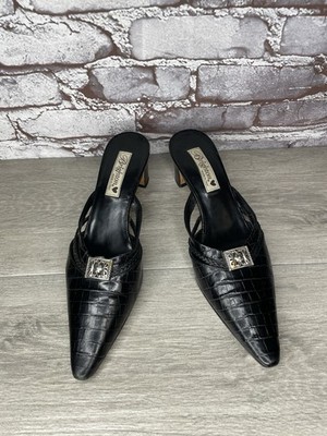 Brighton Black Leather Croc Embossed Mules Slides Sandals Women Sz 9.5M US/40EU