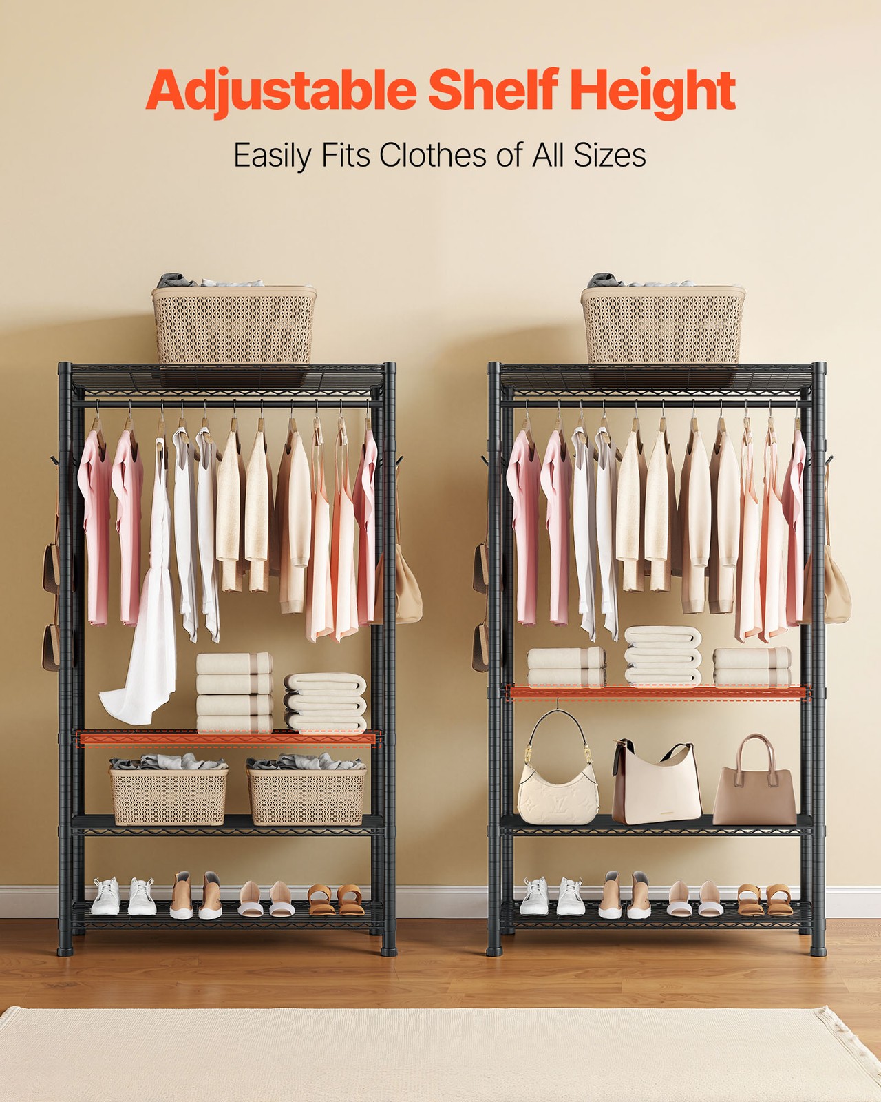 VEVOR Clothing Garment Rack 4 Tiers Adjustable Height Closet Wardrobe Rack Black