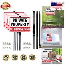 Large Private Property Signs 4pk - 14"x10" Heavy Aluminum, 54" Stake, Reflective