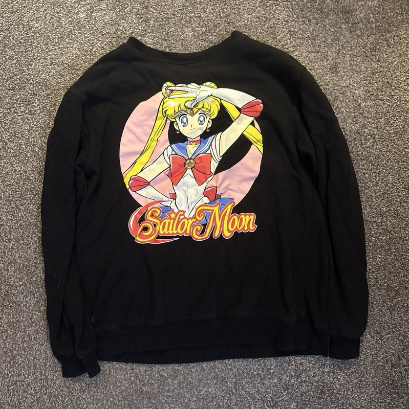 Sailor Moon Men's Black Graphic Print Crew Neck Fleece Sweatshirt L