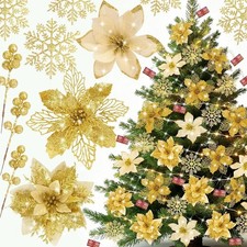 59 PCS 6 Style Poinsettia Flowers Artificial Christmas Tree Decorations Gold