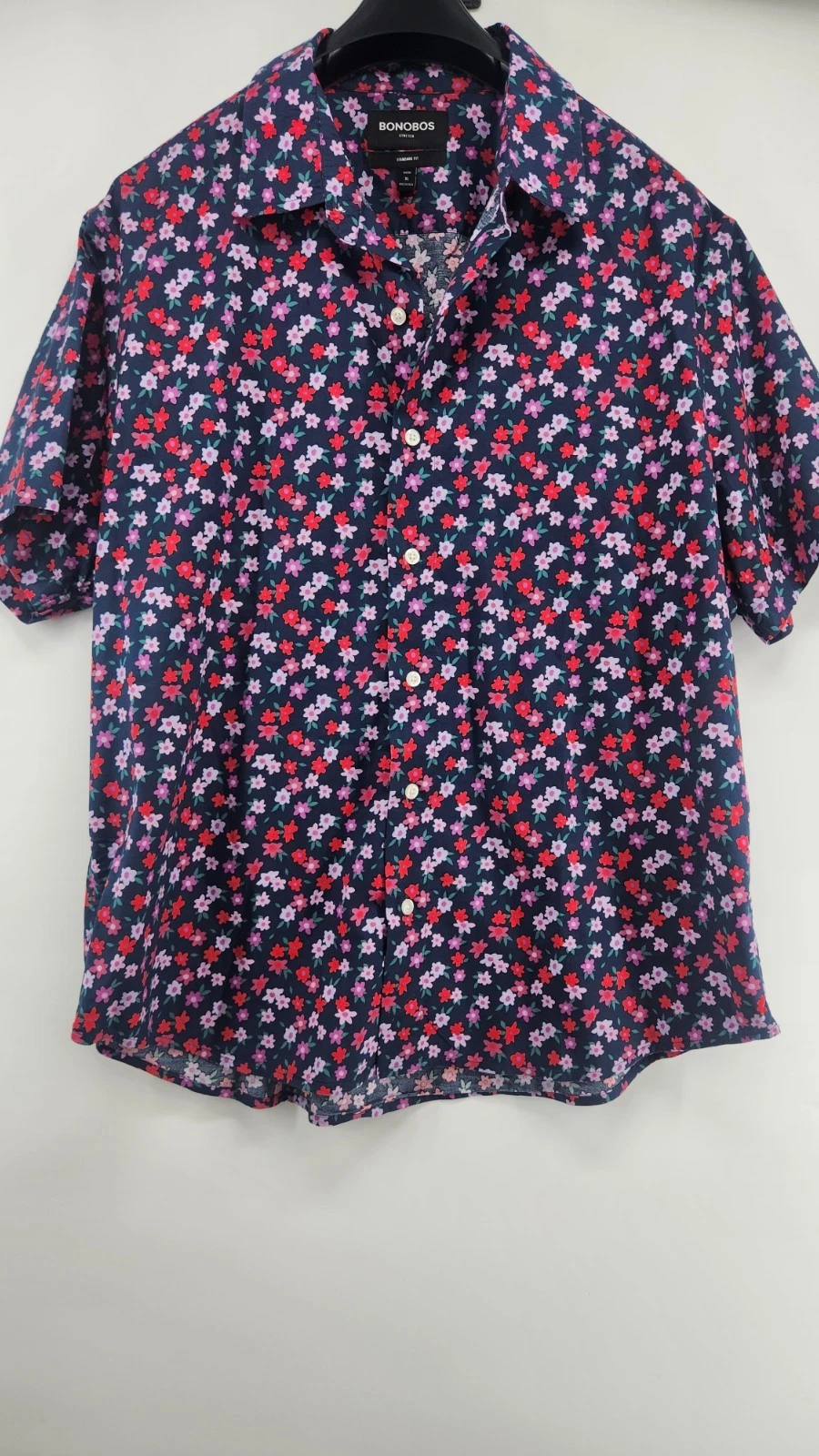 BONOBOS Men's XL Short Standard Fit Stretch Blue Floral Short Sleeve Shirt