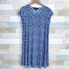 Karen Kane Jersey Knit Swing Dress Blue White Short Sleeve Casual Womens Small