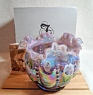 VTG. FENTON ROYAL PURPLE HP PANSIES BEADED MELON RUFFLED VASE/BOWL W/ FENTON BOX