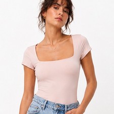 Aritzia Contour Square Neck Bodysuit Shy Pink Short Sleeve Stretch Size L - EUC