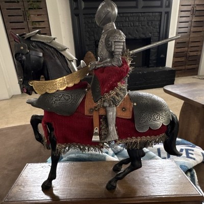 Medieval Knight on Horse Figurine Painted Metal/Fabric 3D Silver Red