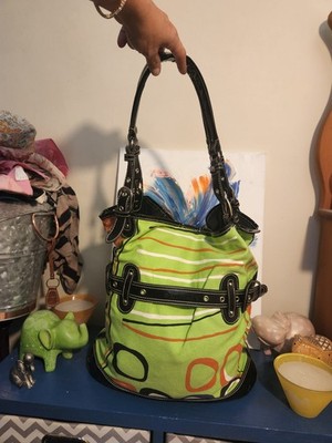 X-Large sized SAMOE green canvas shoulder tote bag|Black faux leather trim ADJ.