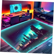 Gaming Area Rug RGB LED Light Edges 3x5 - Bedroom Rug Floor Mat Skyline