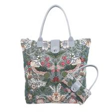 Tapestry Foldable Reusable Shopping Bag in Grey Strawberry Thief Design