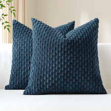 Set of 2 Blue Corduroy Throw Pillow Covers 22x22 Striped Boho Cushion Cases