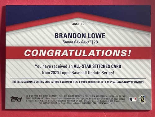 2020 Topps Update All-Star Stitches Patch Brandon Lowe ASSC-BL Tampa Bay Rays - Picture 2 of 2