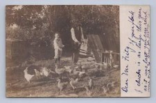 Father & Son w Backyard Chicken Flock RPPC Antique Olean New York Photo 1906