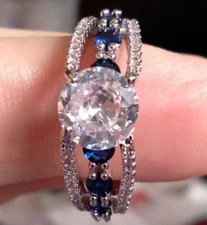 Colorful Round CZ & Sapphire Eternity Ring Silver Plated Luxury Jewelry Wedding