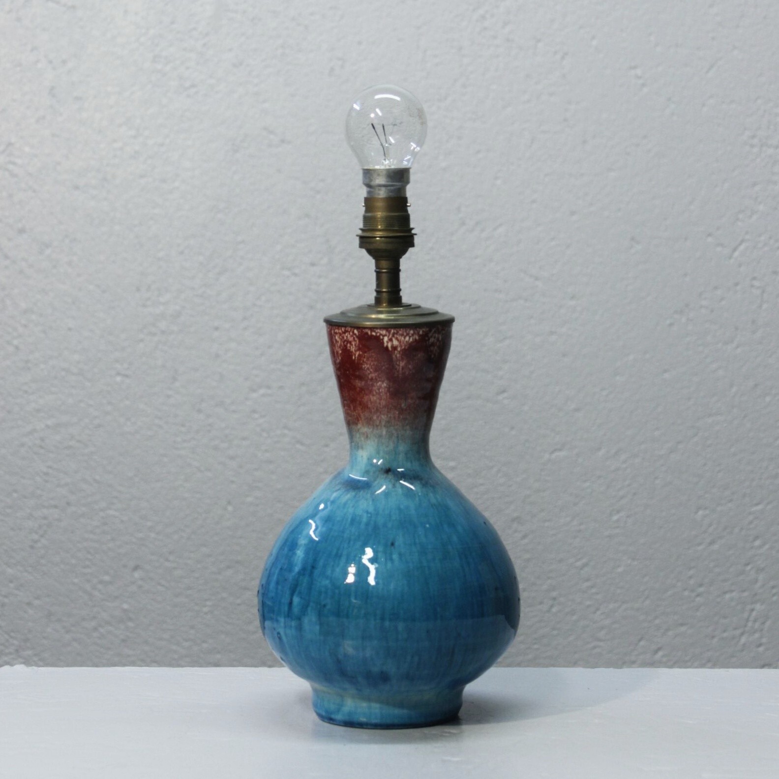Vintage 1950s Accolay Ceramic Beefblood & Azure Enamel Lamp Stand