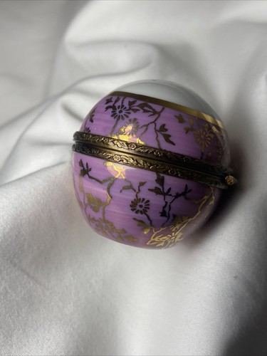Vintage French Limoges Trinket Box Porcelain Egg Hand Painted Floral Gold 24K - Foto 8 di 12