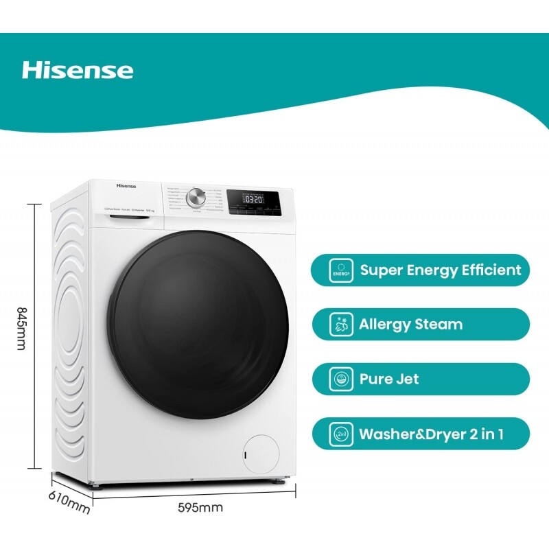 Lavatrice Hisense 9 Kg Con Vapore - 1400 Giri, Inverter PowerDrive, 15 Programmi E Bianco