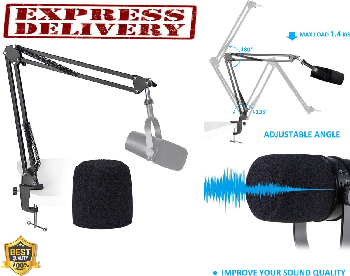 Boom Arm Mic Stand Compatible Shure MV7 SM7B Microphone Pop Filter 