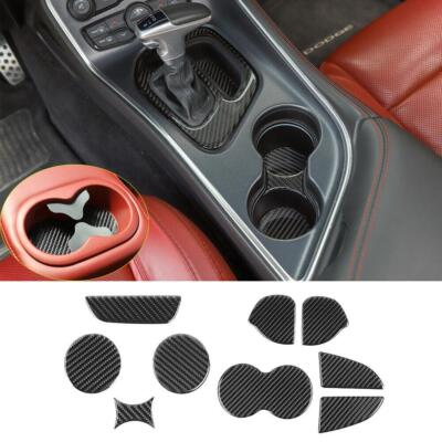 9×Carbon Fiber Gear Shift Cup Holder Mat Coaster Trim for Dodge Challenger 2015+
