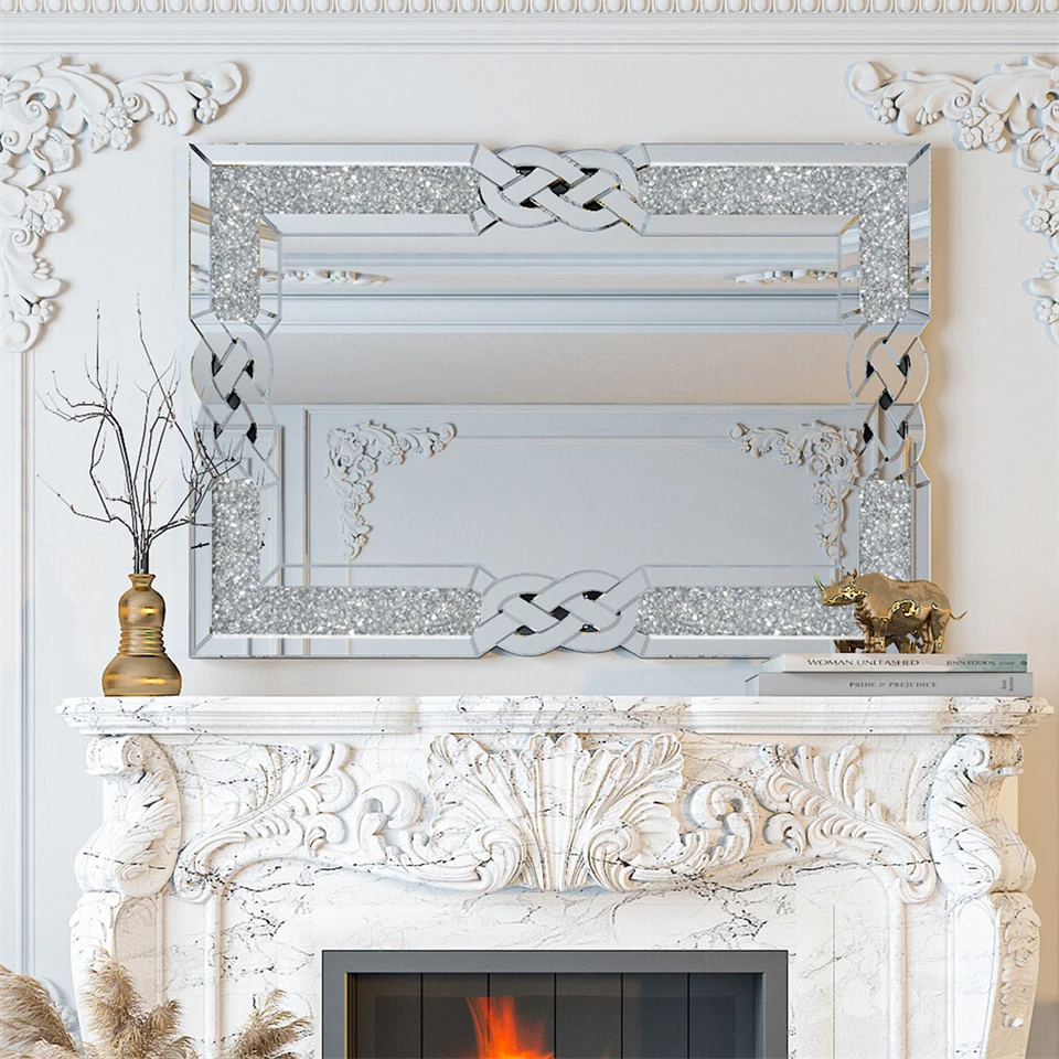 XL Rectangular Wall Mount Mirror Fireplace Hang Silver Sparkly Living Room Decor - Image 4 of 4