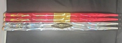Hard Rock Cafe Wood Drumsticks London Set Of Two Red Silver Holographic 