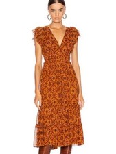 Ulla Johnson Anika Midi Silk Dress Ochre Indian Floral Ruffles tiered skirt 10
