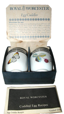 NIB Vint 2 Royal Worcester Egg Coddlers  & Recipes- Strawberry Fair 1950-1983