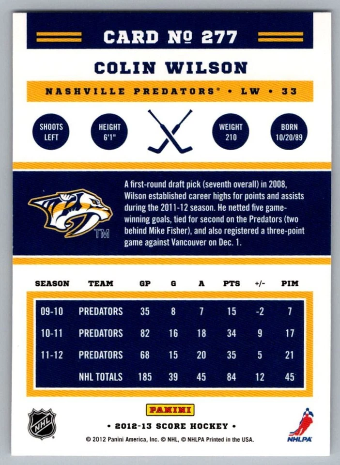 2012-13 Score Colin Wilson Nashville Predators #277 - Image 2 of 2